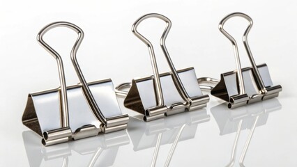 Three metal binder clips arranged in a row on a reflective surface.