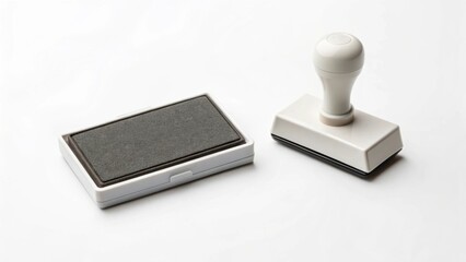 Rubber stamp and ink pad on a clean surface for official marking and documentation.