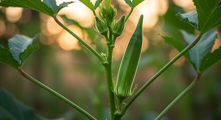 Fototapeta premium Closeup of green okra plant with developing pods in sunlight