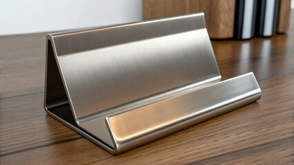Sleek metallic phone stand on a wooden surface, ideal for workspace organization.