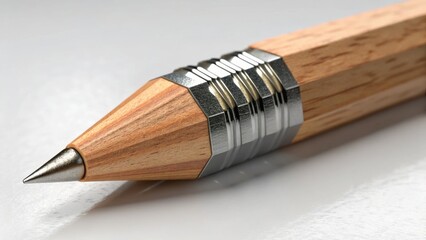 Close-up of a sharpened wooden pencil with a metallic grip on the tip.
