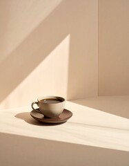 マットなベージュ背景の一角に、陶器のコーヒーカップを静かに配置した無人スチルライフ。
窓から入る朝の自然光が柔らかな影を落とし、穏やかな空気感を演出します。
画面の大部分は余白として確保され、コピーやロゴ配置に最適。
カフェ、ライフスタイル、ビジネス向けの汎用性が高い背景素材です。