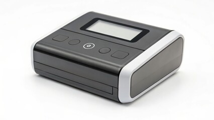 Compact electronic device with a digital display and control buttons.
