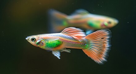Fototapeta premium Mesmerizing Iridescent Guppy Pair: Detailed Macro Shot of a Fancy Male Poecilia Reticulata with Bright Orange Tail and Neon Green Body in a Dark Aquarium Habitat