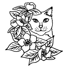 Vector sketch of a cat in apple blossoms. Spring floral design element.