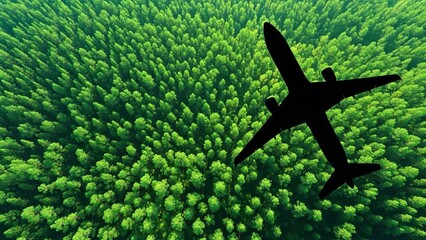 Airplane Silhouette Flying Over Green Forest Canopy in Dramatic Aerial View with Natural Sunlight for Environmental Awareness Campaign