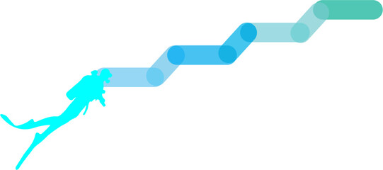 Scuba diver silhouette ascending a gradient path representing progress and exploration in the ocean isolated on white Background