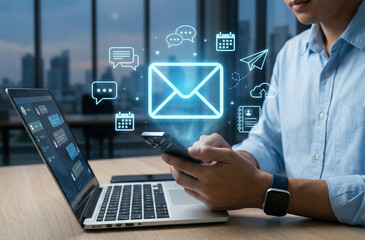 Digital marketer using email marketing tools on laptop and smartphone, sending newsletters and analyzing campaign performance to engage subscribers and grow business through personalized content