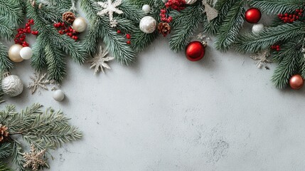 Christmas composition frame made of fir tree branches and decorations on pastel gray background, flat lay top view with copy space
