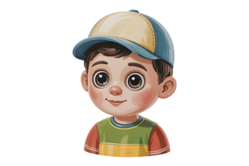 Portrait of a Cute Cartoon Boy with Freckles, Wearing a Baseball Cap, Friendly Expression, Illustration