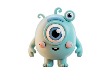 Fototapeta premium Cute Teal Monster with One Big Eye and Pink Cheeks, Kawaii Style, 3D Render, Isolated