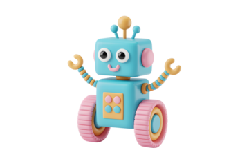 Cute Blue Robot on Pink Wheels, Smiling with Open Arms, Kawaii Style, 3D Render, Isolated