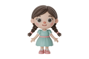 Cute Cartoon Girl with Braids, Wearing a Teal Dress and Pink Shoes, Kawaii Style, 3D Render
