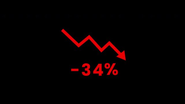 Red downward arrow animation on transparent background, market crash animation 4K alpha channel. Negative trend, loss, recession, crisis concept