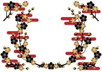 Fototapeta premium シンプル梅フレームセット、金黒、かわいい、イラスト