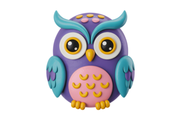 Whimsical purple and turquoise owl with big eyes, claymation style, 3D render