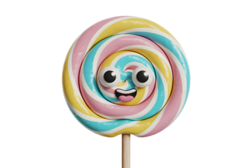 Happy cartoon lollipop with a face, colorful swirl pattern, 3D render