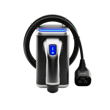 Modern electric vehicle home charging station with j1772 plug against a dark background