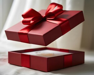 Obraz premium Red gift box with ribbon bow floating above open box