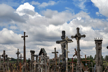 Obraz premium View of holy hill of crosses, place of pilgrimage and worship of Christians around world