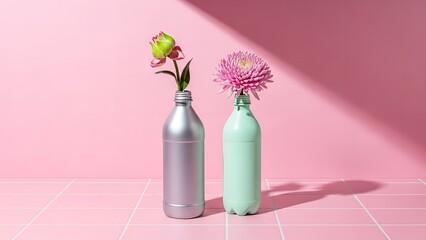 Flowers in metallic and pastel vases with soft pink background and natural light for home decor