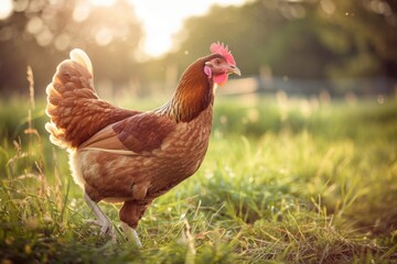 A healthy brown hen walking in tall green grass, morning golden hour backlighting creating rim light on feathers
