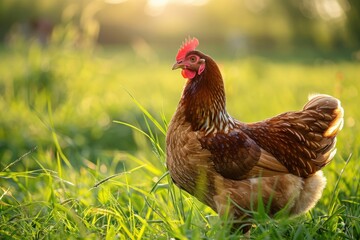 Fototapeta premium A healthy brown hen walking in tall green grass, morning golden hour backlighting creating rim light on feathers