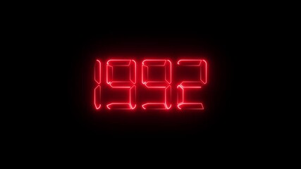 Neon red digital LED numbers display showing 1992 on black background, glowing electronic number animation, retro futuristic time and year concept, scoreboard and countdown style
