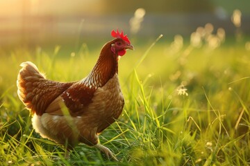A healthy brown hen walking in tall green grass, morning golden hour backlighting creating rim light on feathers