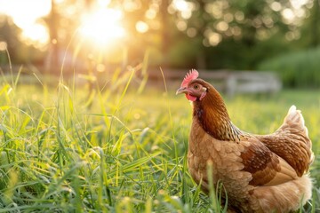 Fototapeta premium A healthy brown hen walking in tall green grass, morning golden hour backlighting creating rim light on feathers