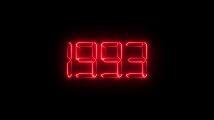 Neon red digital LED numbers display showing 1993 on black background, glowing electronic number animation, retro futuristic time and year concept, scoreboard and countdown style - Powered by Adobe