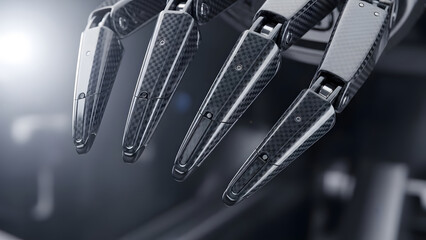 Close-up robotic hand. Sleek futuristic design. Carbon fiber, metal components. Advanced artificial intelligence. Automation technology. Clean industrial background. Bright light.