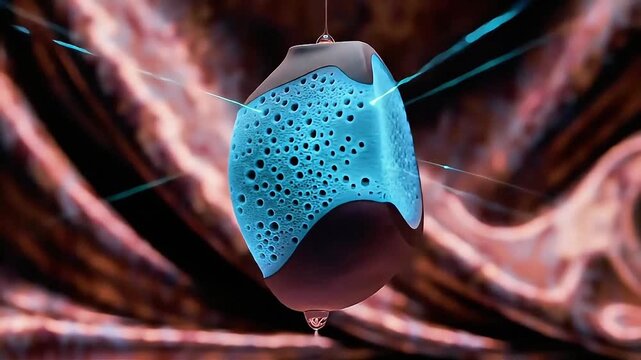 A vibrant blue structure featuring numerous pores and glowing lines against an abstract background