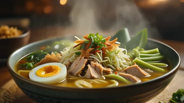 a freshly served bowl of traditional Indonesian soto,