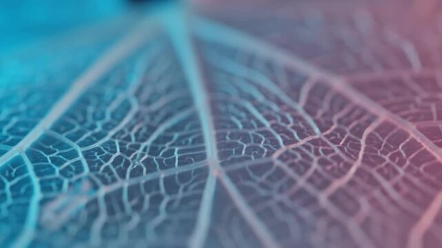 Macro view of leaf skeleton structure illuminated with neon light