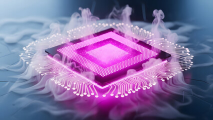 Conceptual image of glowing purple central processing unit microchip surrounded by smoke, representing high performance, quantum computing, or AI technology