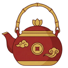 Red Chinese style teapot with gold accents and bamboo handle, for mockup or icon © Muqaddas