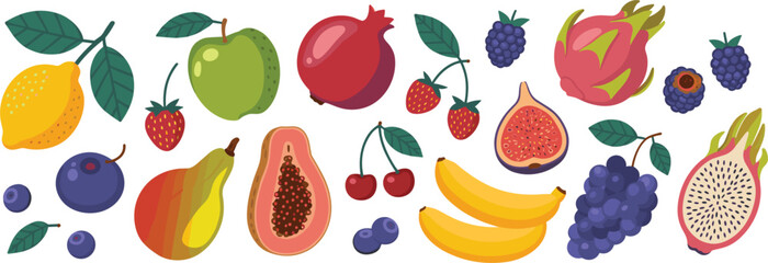 Assorted Fresh Fruits and Berries Flat Design Icons on White Background healthy