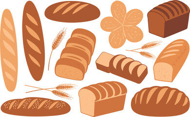 Assortment Of Baked Bread Loaves And Wheat Stalks vector illustration