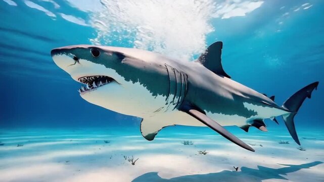 A great white shark swimming in clear blue ocean water with sunlight and sandy ocean floor visible shark video