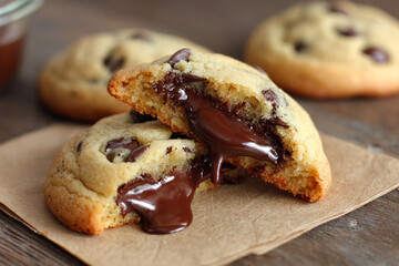 Beautiful chocolate chip cookies with a gooey chocolate filling.