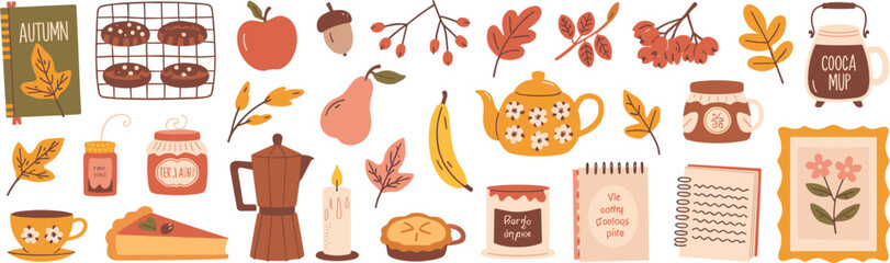 Autumn Harvest Food And Drink Objects Collection With Leaves vector illustration © SUMAIA