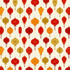 Fototapeta premium Vibrant Chinese Lanterns Pattern in Red, Orange, and Yellow on Cream Background