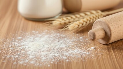 Scattered Flour on Wooden Table with Wheat and Rolling Pin for Baking