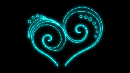 A colorful neon glowing heart symbol with intricate swirling patterns and small circles, depicting love, romance, and digital art design, isolated on black background