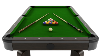 A green felt pool table with two cues and colorful balls on a rack on white background