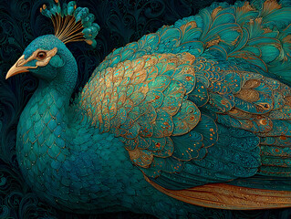 a peacock with intricate, detailed feather patterns. The background features swirling, abstract lines in shades of blue and gold.