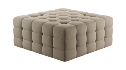 Beige tufted ottoman furniture with buttonless quilted upholstery on white background