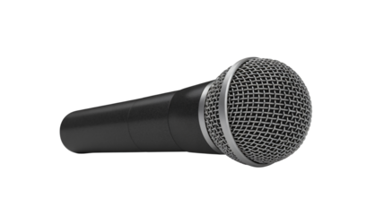 Close up of a professional dynamic microphone with a black body and silver grille, ideal for recording studio, live performances, and public speaking events with clear