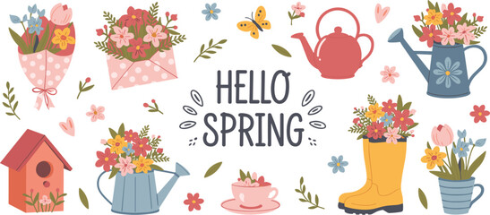 Hello Spring Collection Of Floral And Garden Elements Keywords: spring, hello spring, flowers